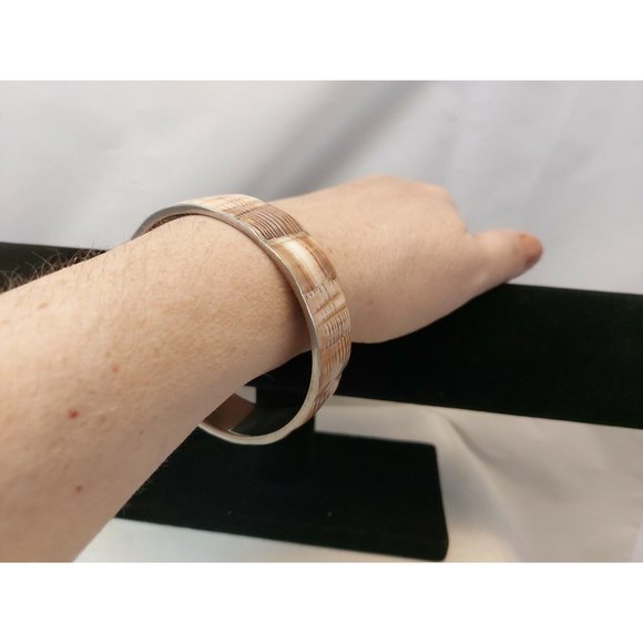 Vtg inlay Block Shell Bangle Bracelet Philippines Brown Cream Silver Tone Metal - Picture 10 of 11